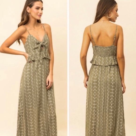 OLIVE + CREAM TIE FRONT RUFFLED MAXI DRESS S/M/L - Picture 8 of 12